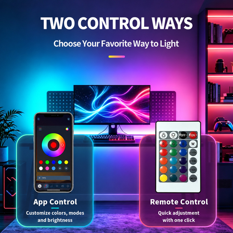 Phone colour control and 24-key remote beside a computer desk