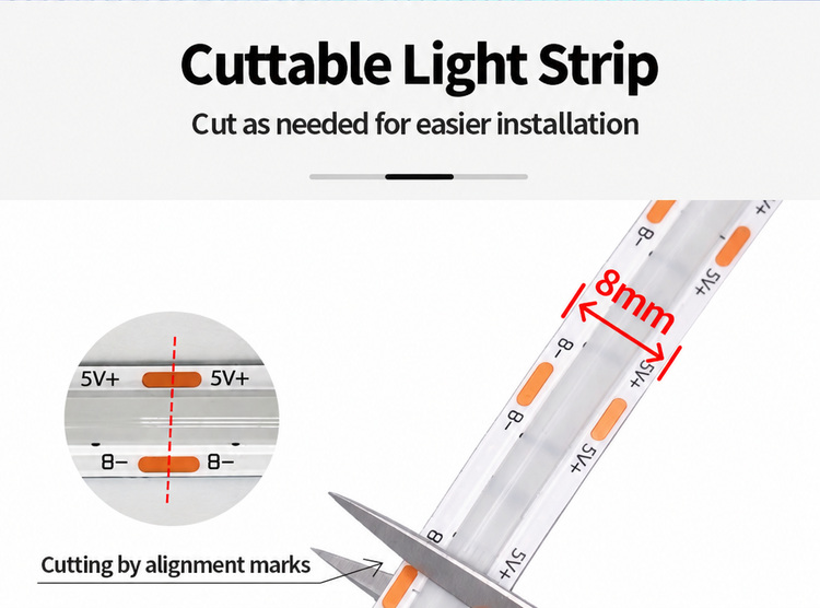 Eight-millimetre COB strip showing a marked cut point