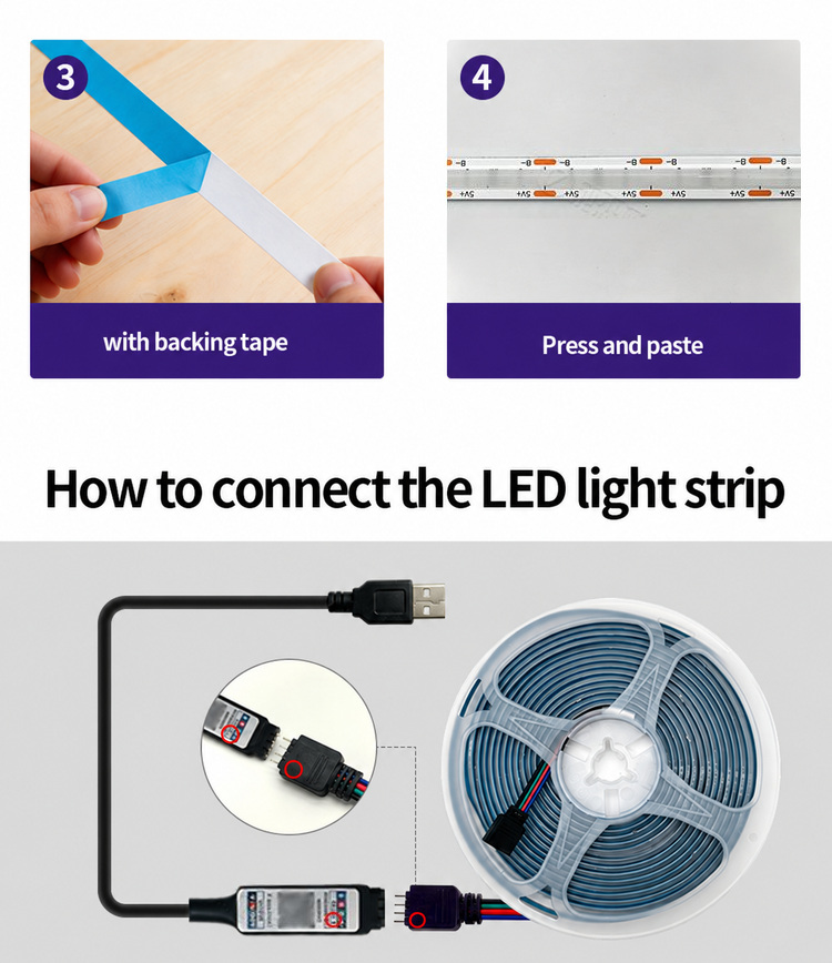 Backing tape installation and four-pin controller connection