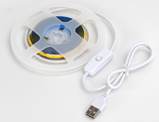 COB strip reel with a white inline switch and USB lead.