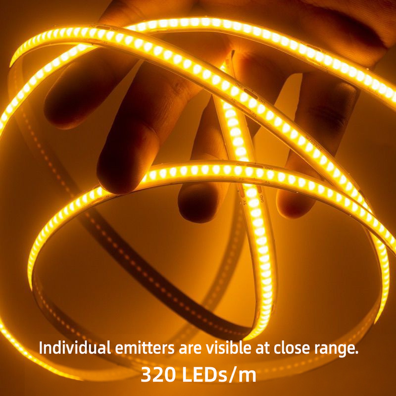 Warm-white COB strip with individual emitters visible at close range.