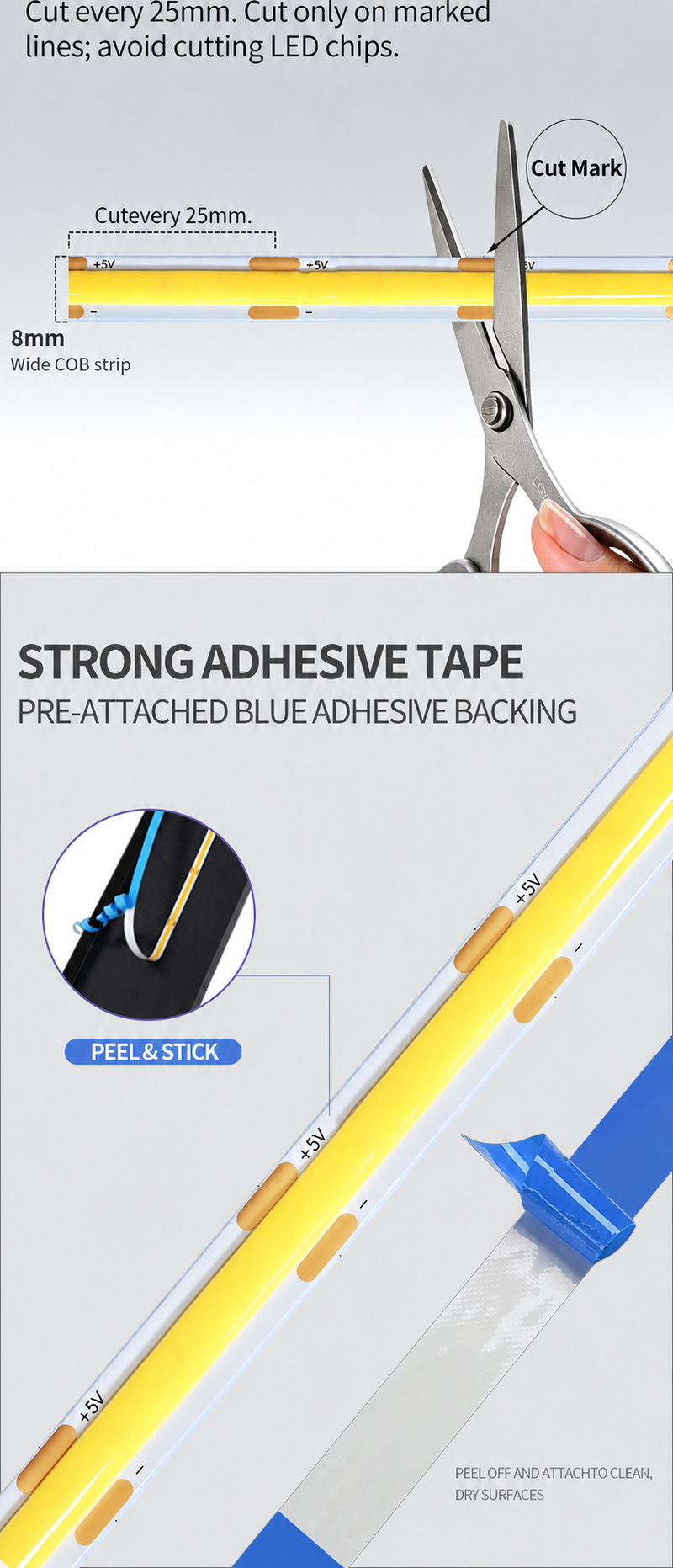 Marked COB strip cutting points and blue adhesive backing