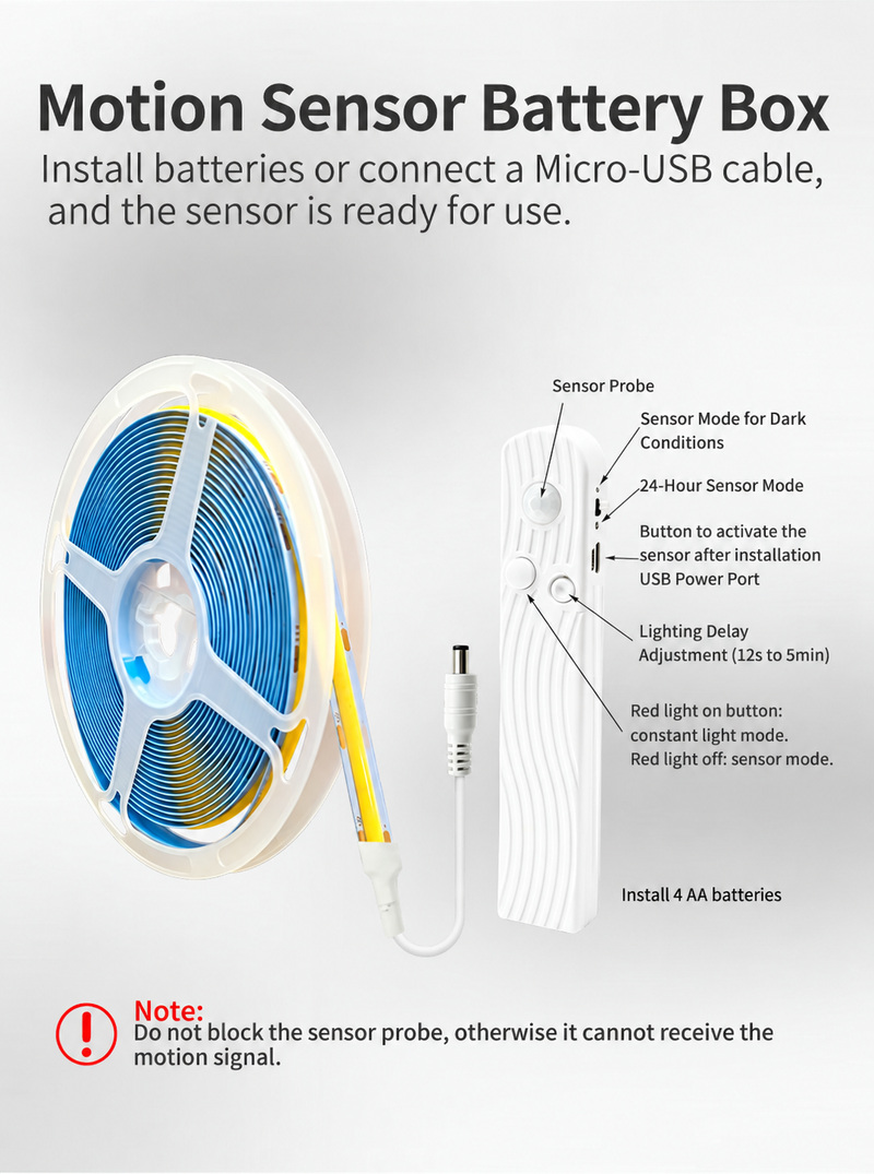 COB strip and motion-sensor battery box with operating controls