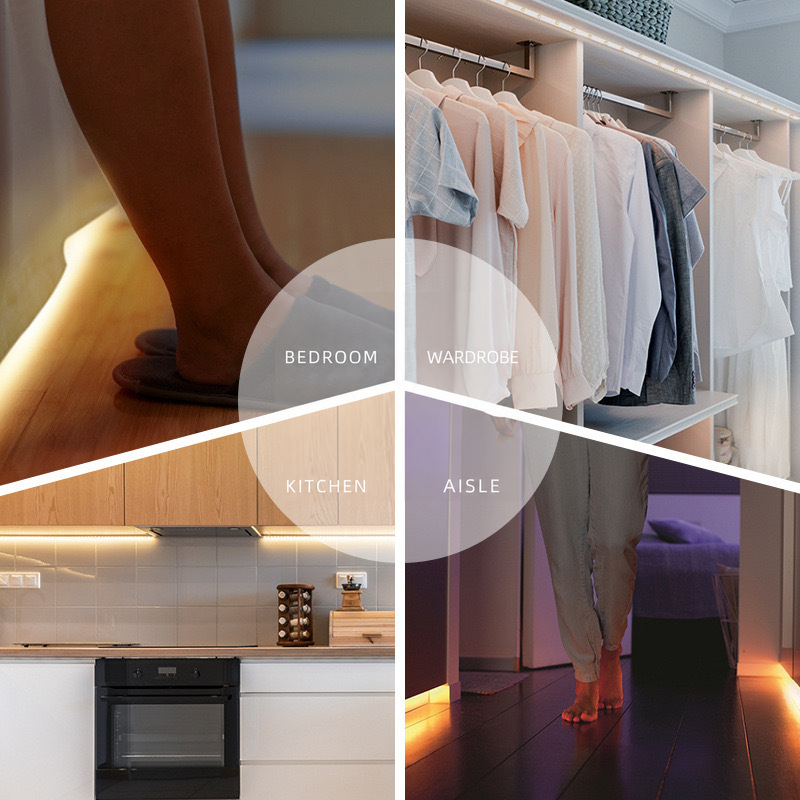 Sensor lighting beside a bed, in a wardrobe, under cabinets and along a corridor