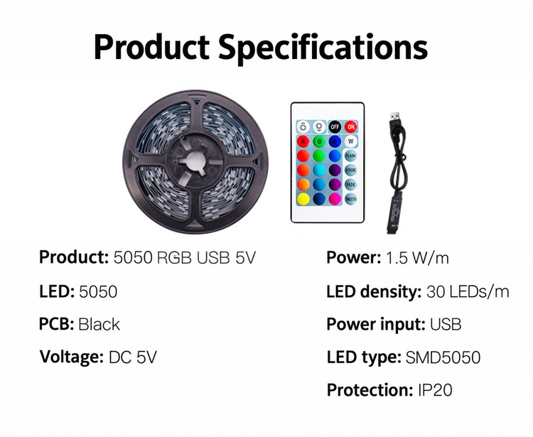 5050 RGB strip, 24-key remote and 5V USB parameter information.