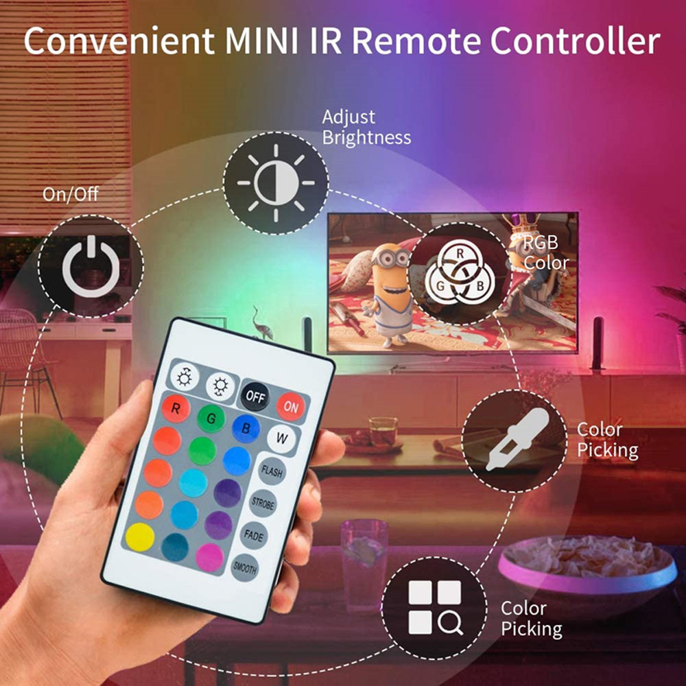 Handheld 24-key infrared remote with brightness and colour controls.