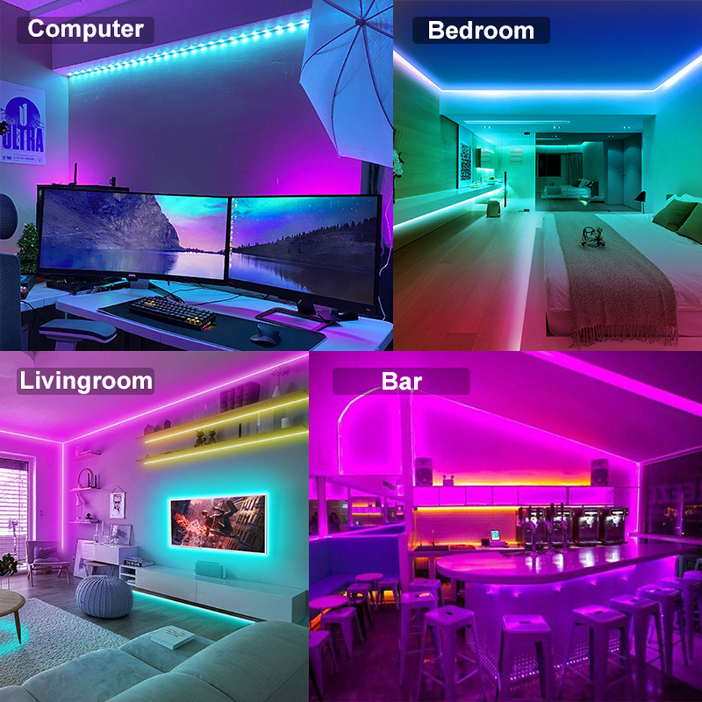 Colourful accent-lighting examples around desks, bedrooms, living rooms and bars.