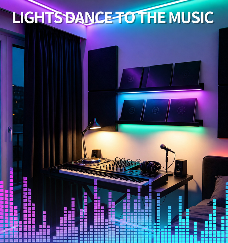 Colour lighting around a music workspace