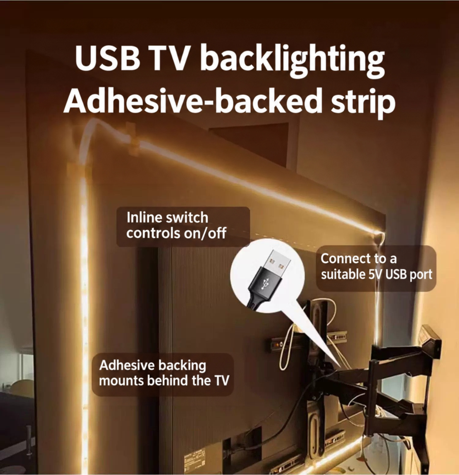 Adhesive strip behind a television with USB power connection