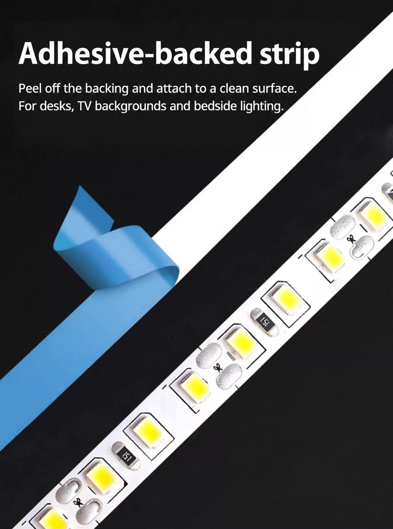 Blue adhesive backing peeled from a discrete LED strip