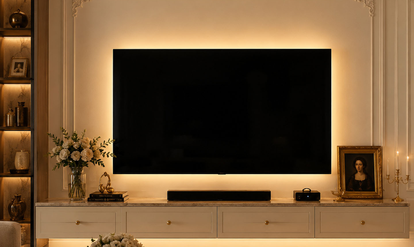 Warm-white accent lighting behind a television