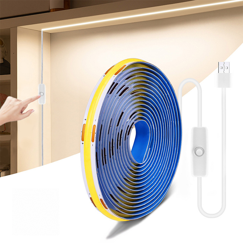 COB strip and inline push-button switch shown beside cabinet lighting