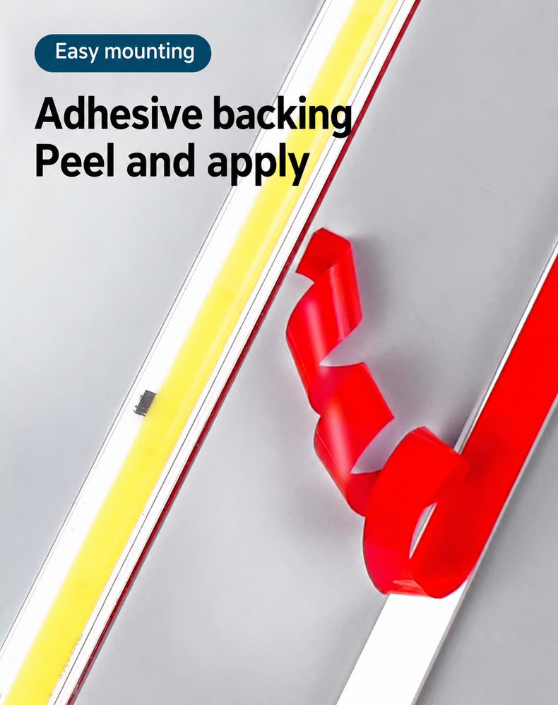 Red release liner peeled from the adhesive-backed COB strip.