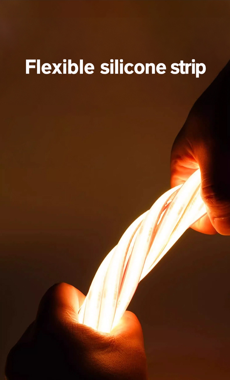 Warm-white encapsulated strip held in a curved shape.