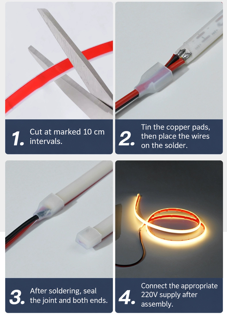 Cut, solder and seal steps for the 220V strip.