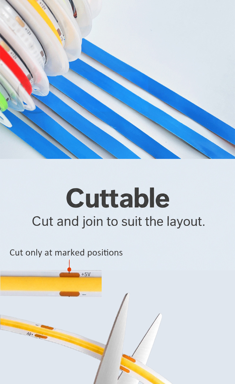 Marked copper pads and scissors on a five-volt COB strip