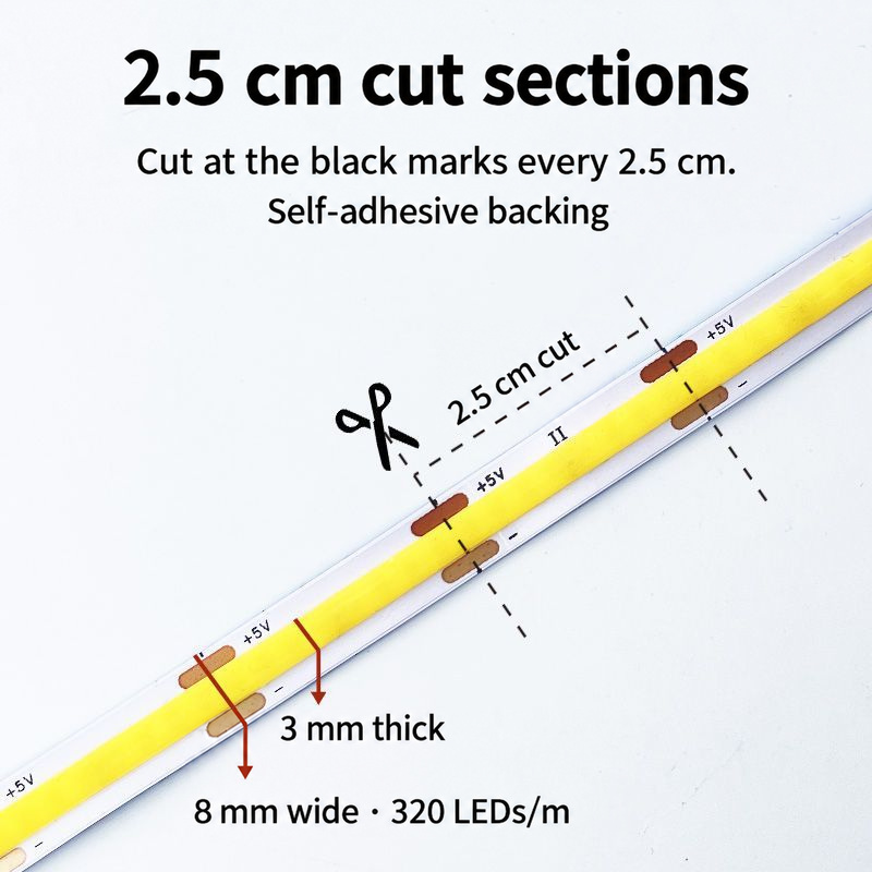 COB strip showing 2.5cm cutting marks, 8mm width and 3mm thickness.