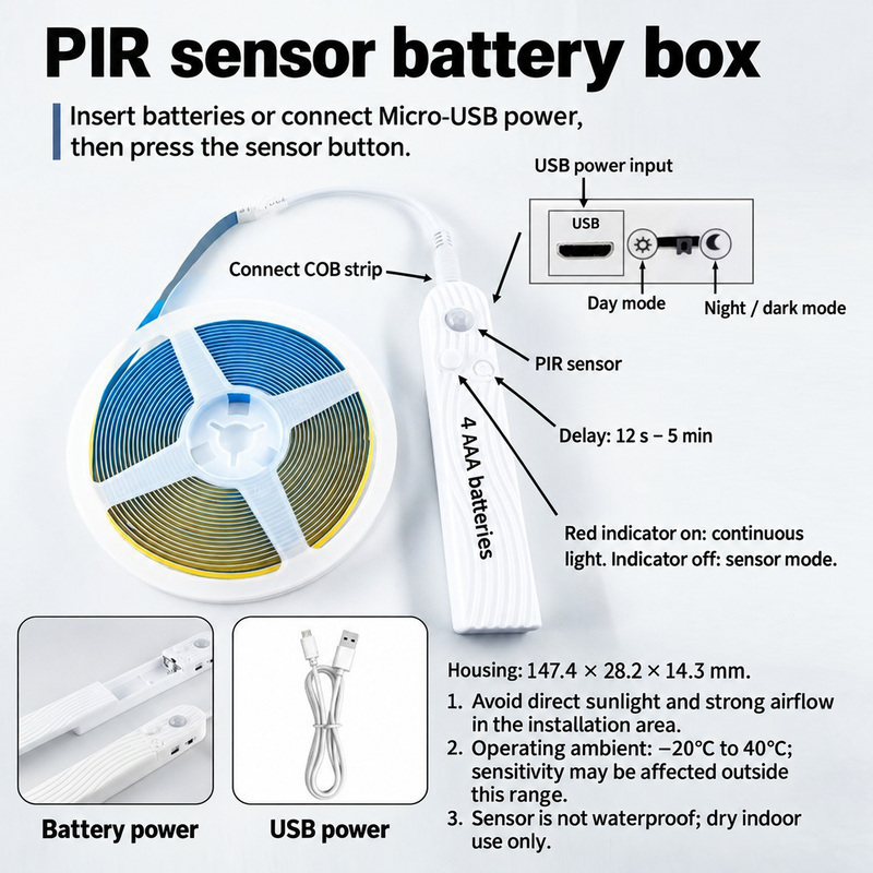 PIR sensor box with Micro-USB power, day and night modes and delay adjustment.