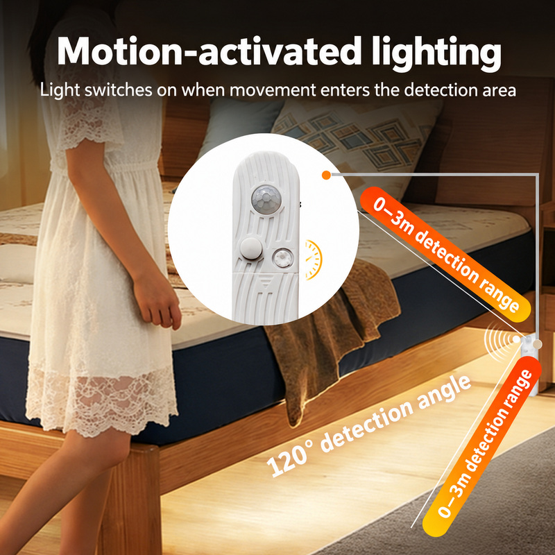 Motion-sensing illustration with 0–3m range and 120-degree angle