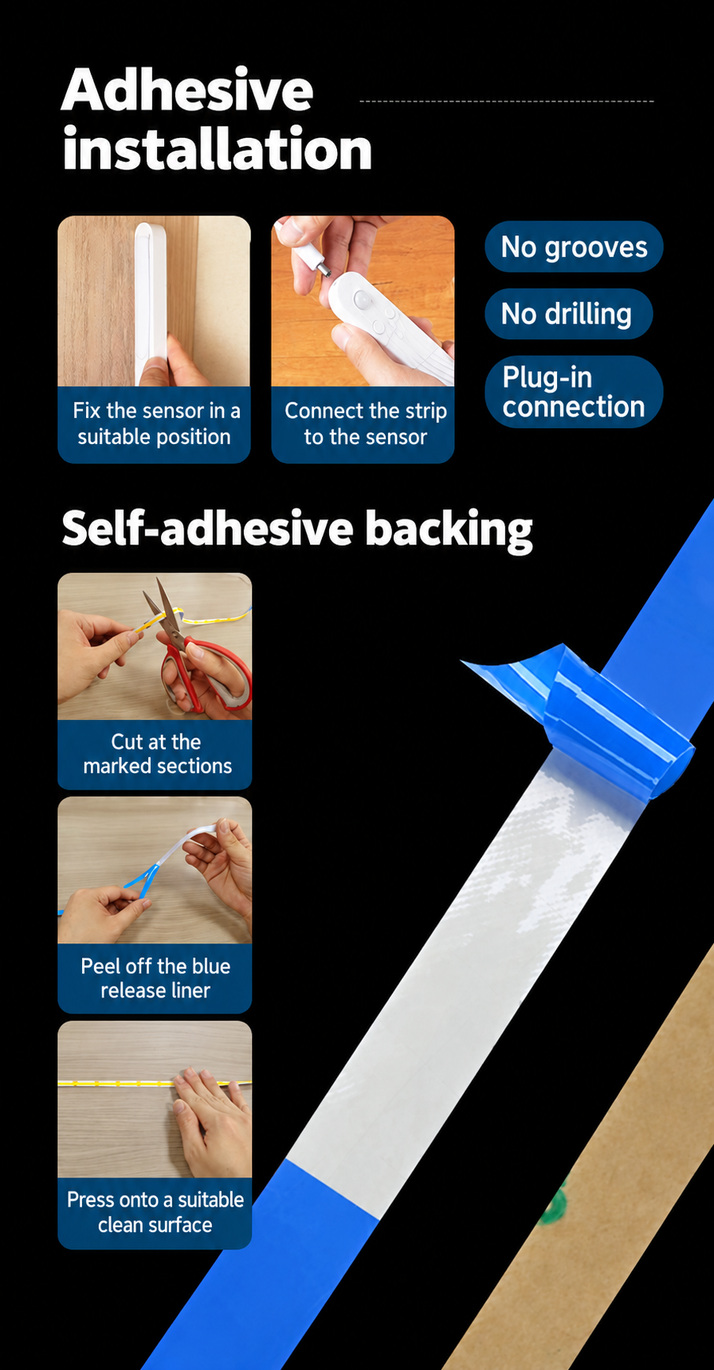 Sensor connection, strip cutting and adhesive installation steps