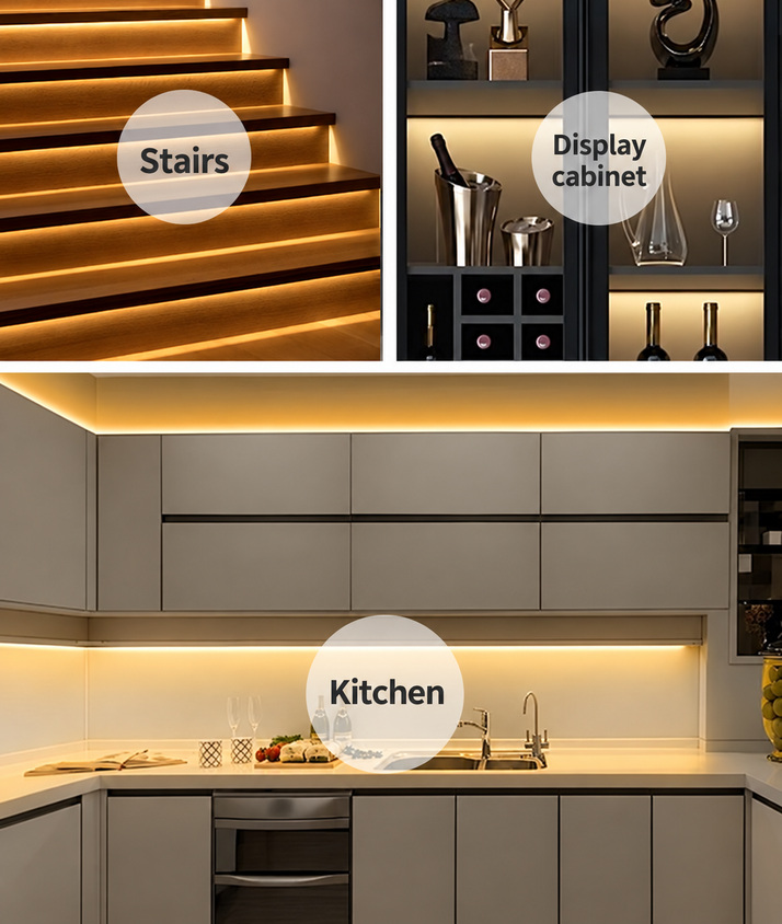 Warm white lighting on stairs, display shelves and kitchen cabinets