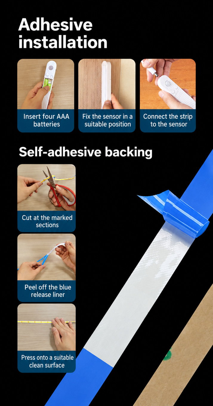Battery insertion, sensor connection and adhesive strip installation