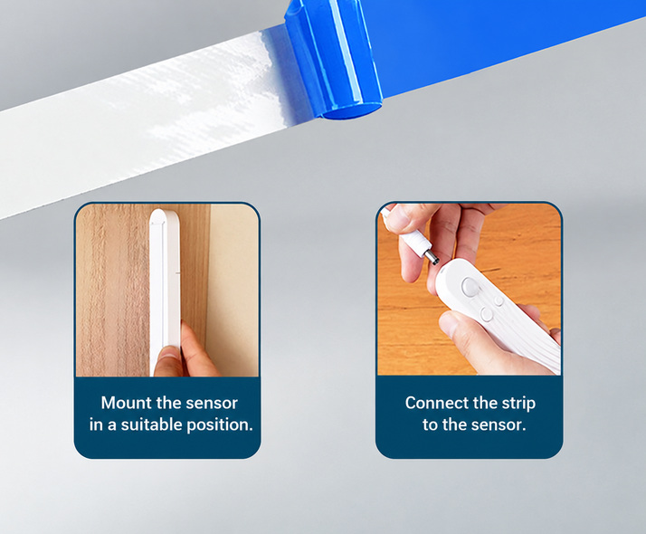 Adhesive mounting and strip-to-sensor connection
