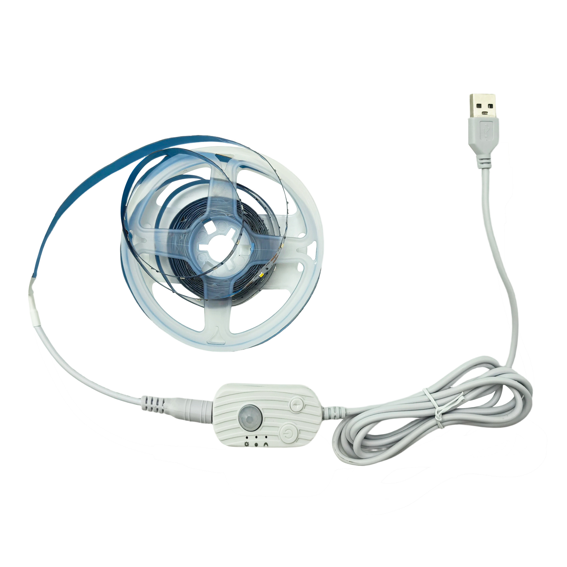 LED strip reel with USB-powered motion sensor and connection lead.