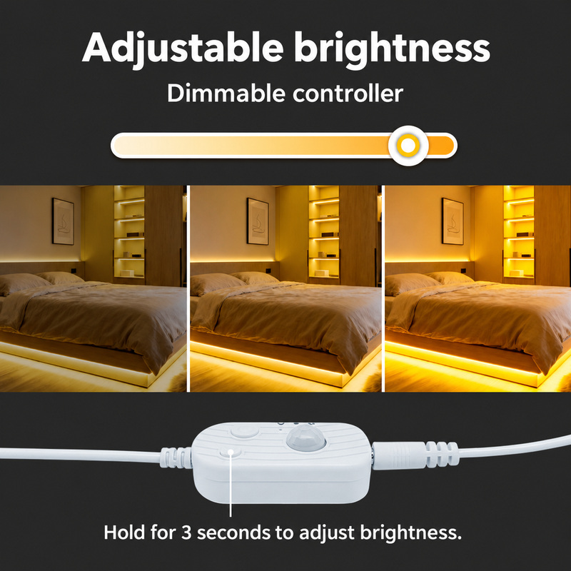Sensor dimming control and three room-lighting brightness illustrations.