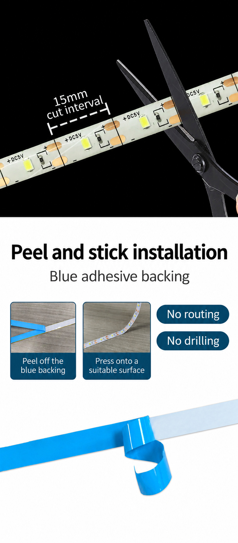 Marked cut points and blue peel-off adhesive backing on a 5V strip.