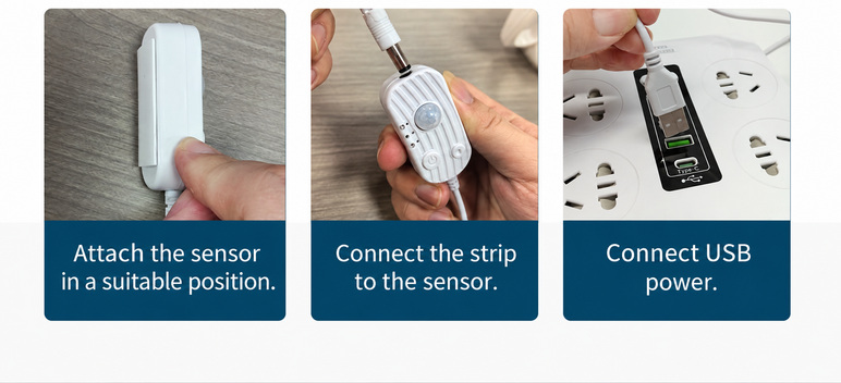 Attaching the sensor, connecting the strip and connecting USB power.