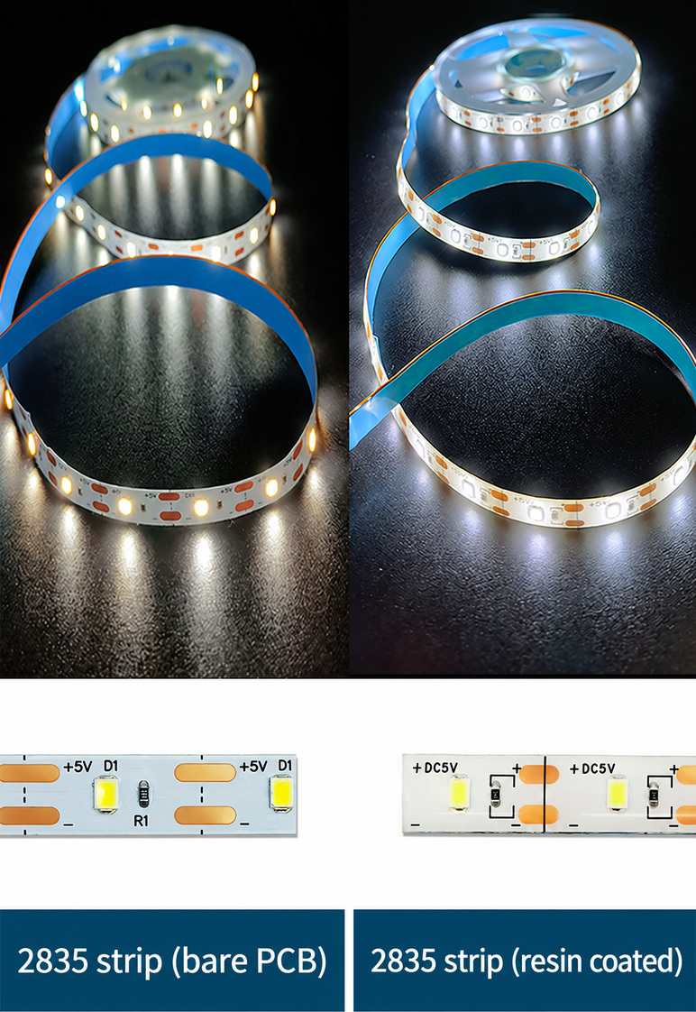 Bare-PCB and resin-coated 2835 strip construction and lighting.