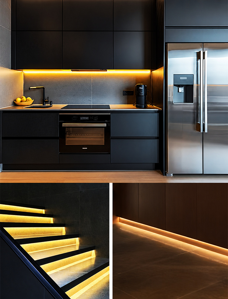 Warm-white accent lighting in a kitchen, stairway and corridor.