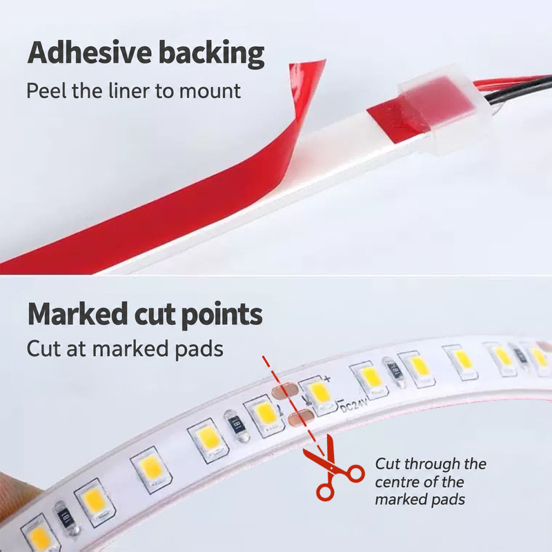 Adhesive backing and marked solder-pad cutting position on a 24V strip