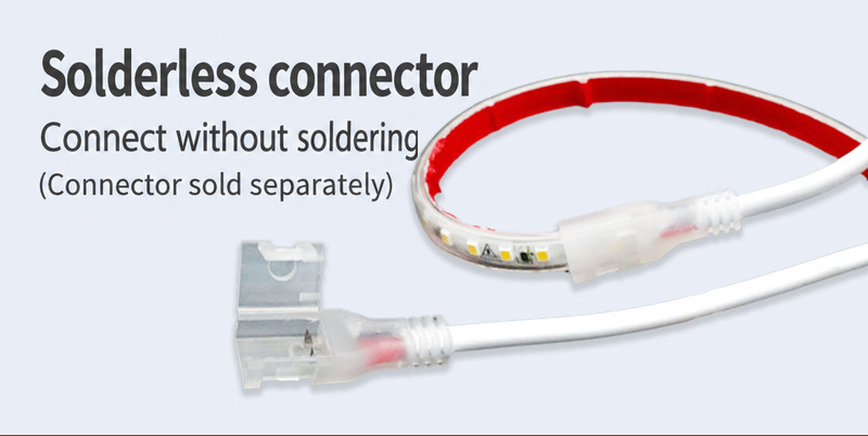 Solderless connector shown open and connected to a strip