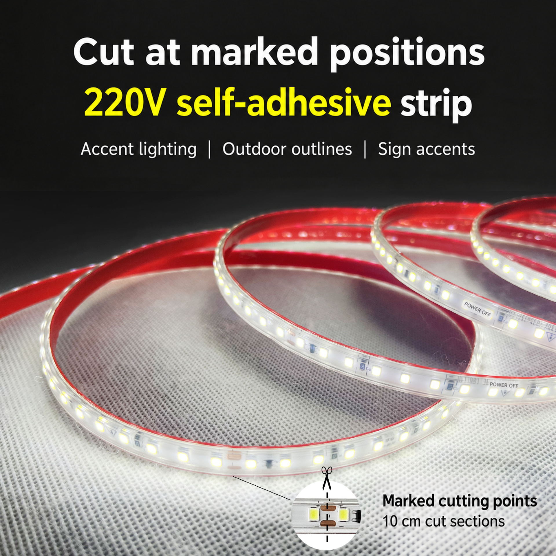 Encapsulated 220V strip with marked 10 cm cutting sections.