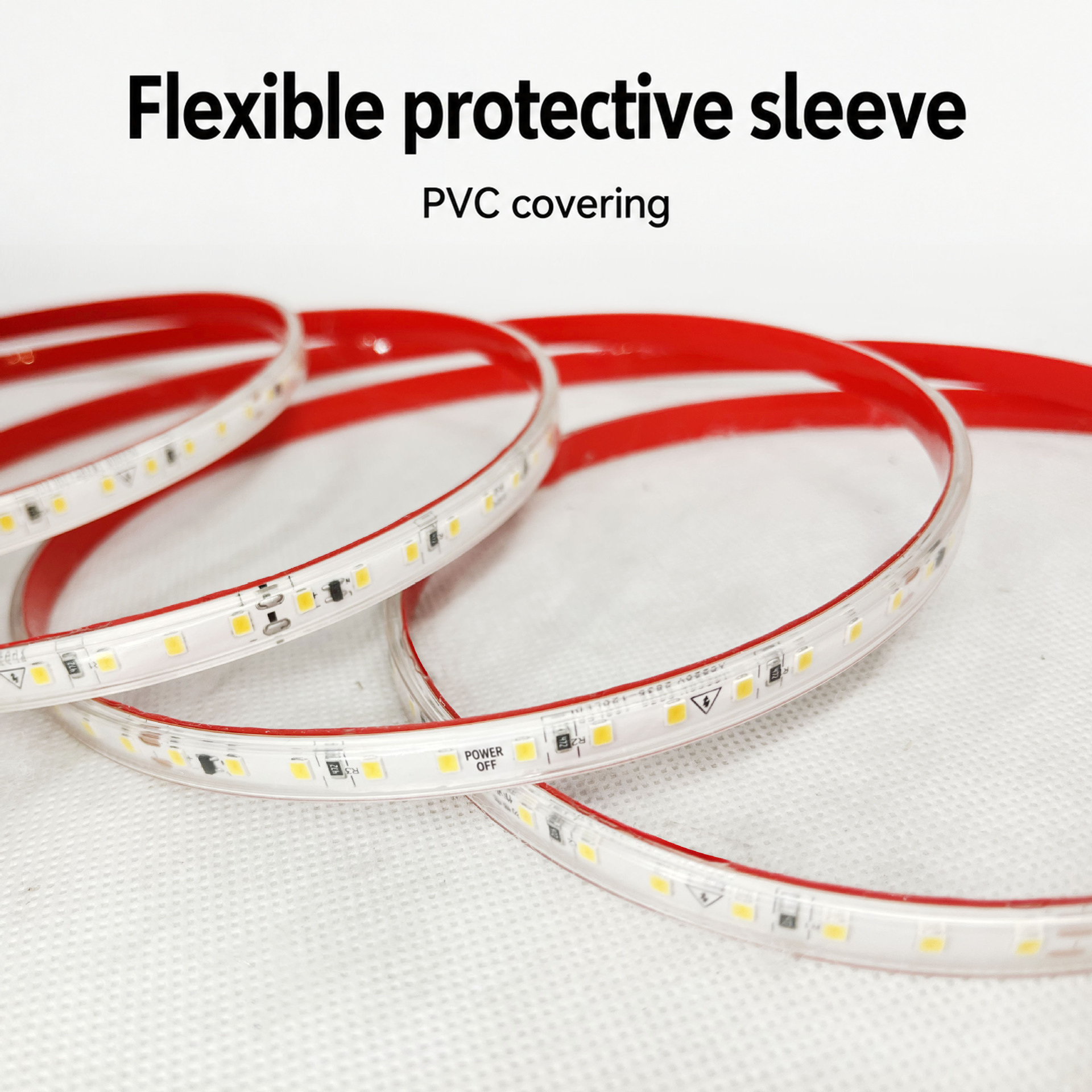 Clear PVC sleeve around a flexible single-row LED strip.