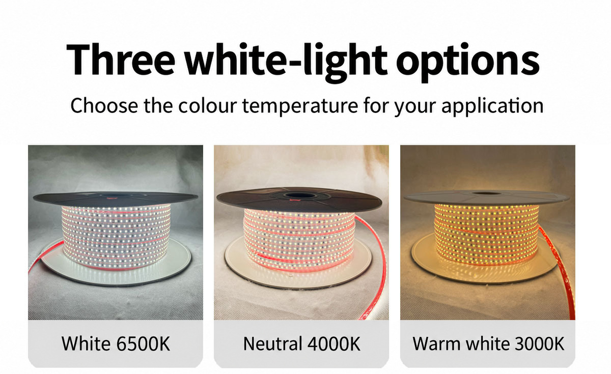 White, neutral white and warm white strip colour examples.