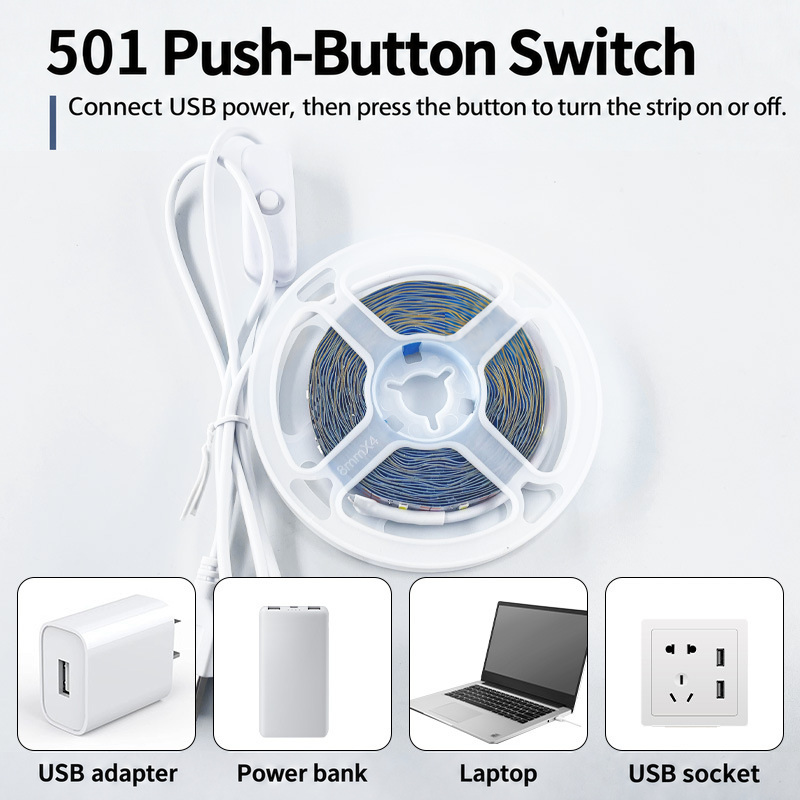 LED strip reel with a 501 push-button USB switch.