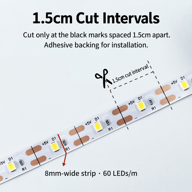 Marked cutting pads on an 8mm LED strip.