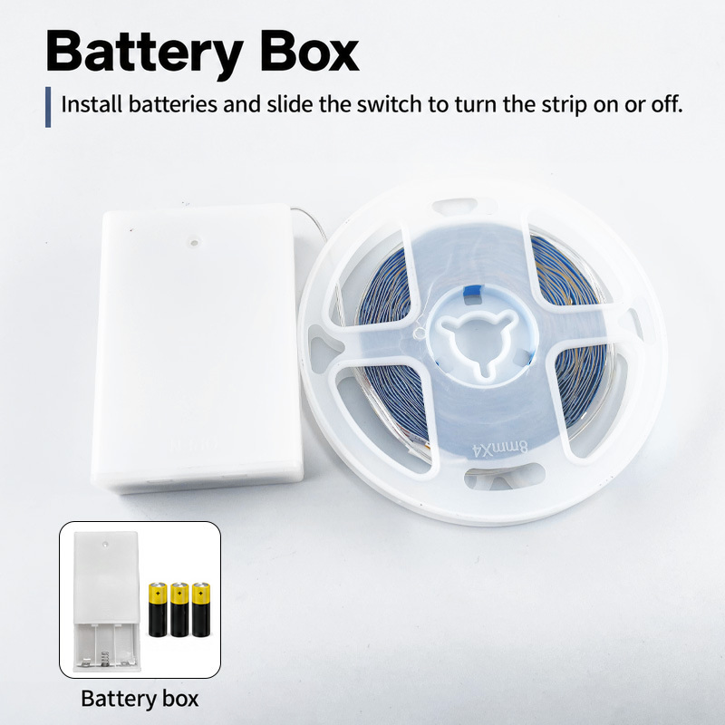 LED strip reel and three-cell battery box.