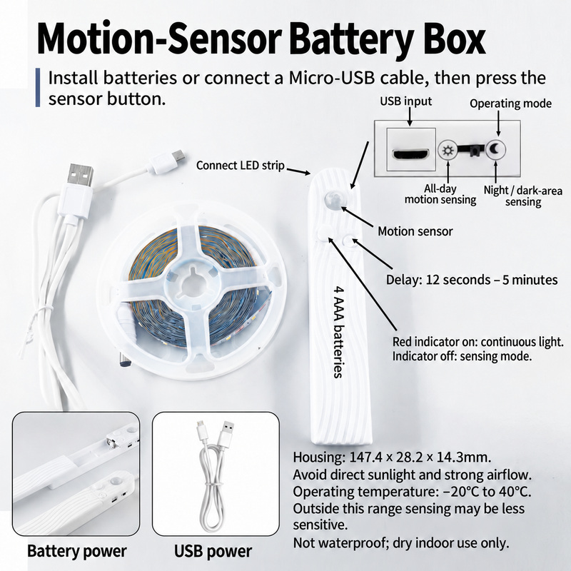 Motion-sensor battery box with mode switch, input and delay controls.