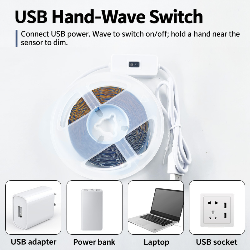 LED strip reel with a USB hand-wave sensor.