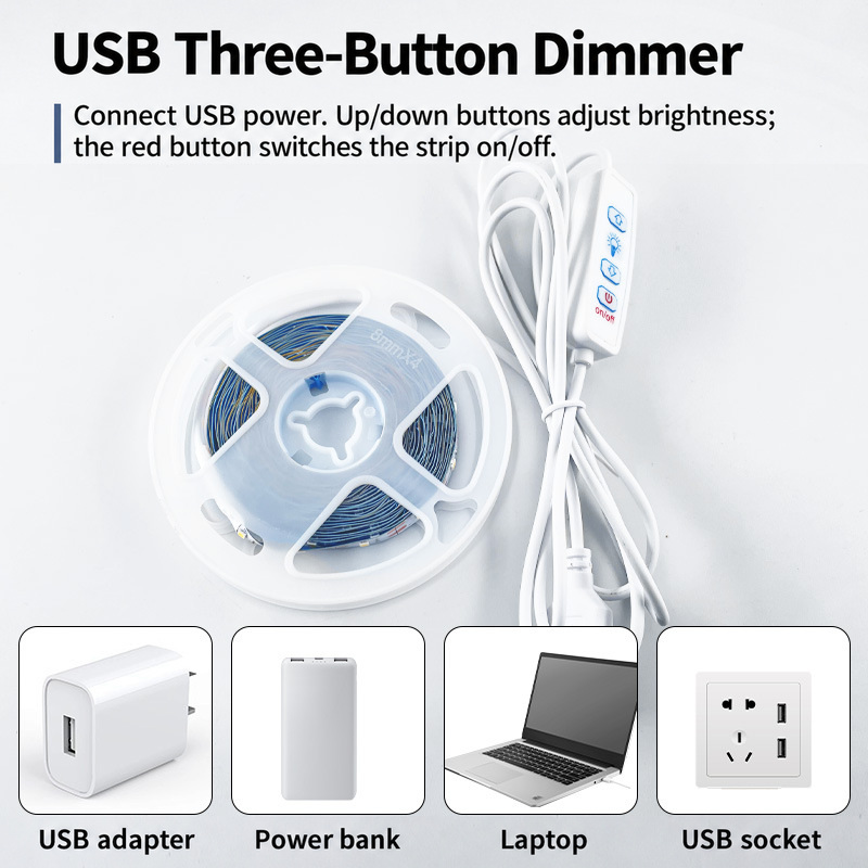 LED strip reel with a three-button USB dimmer.