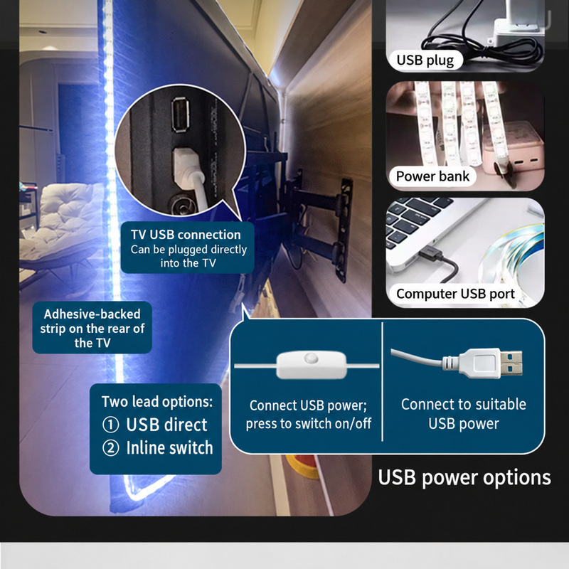 USB strip power connection and computer, adapter and power-bank examples