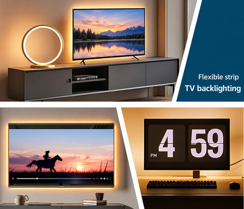 Warm white backlighting around televisions and a desktop monitor
