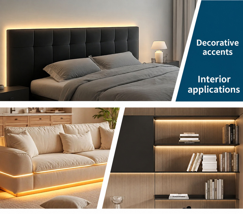 Warm white accent lighting behind a bed, sofa and shelving