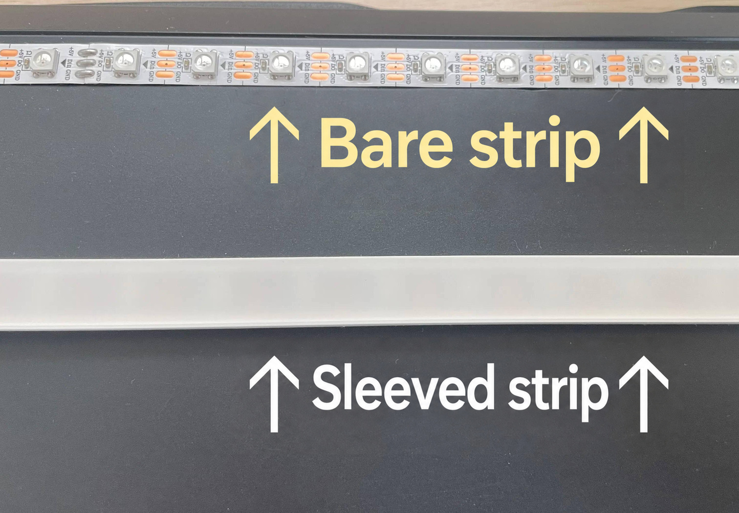 Bare LED strip and sleeved strip constructions