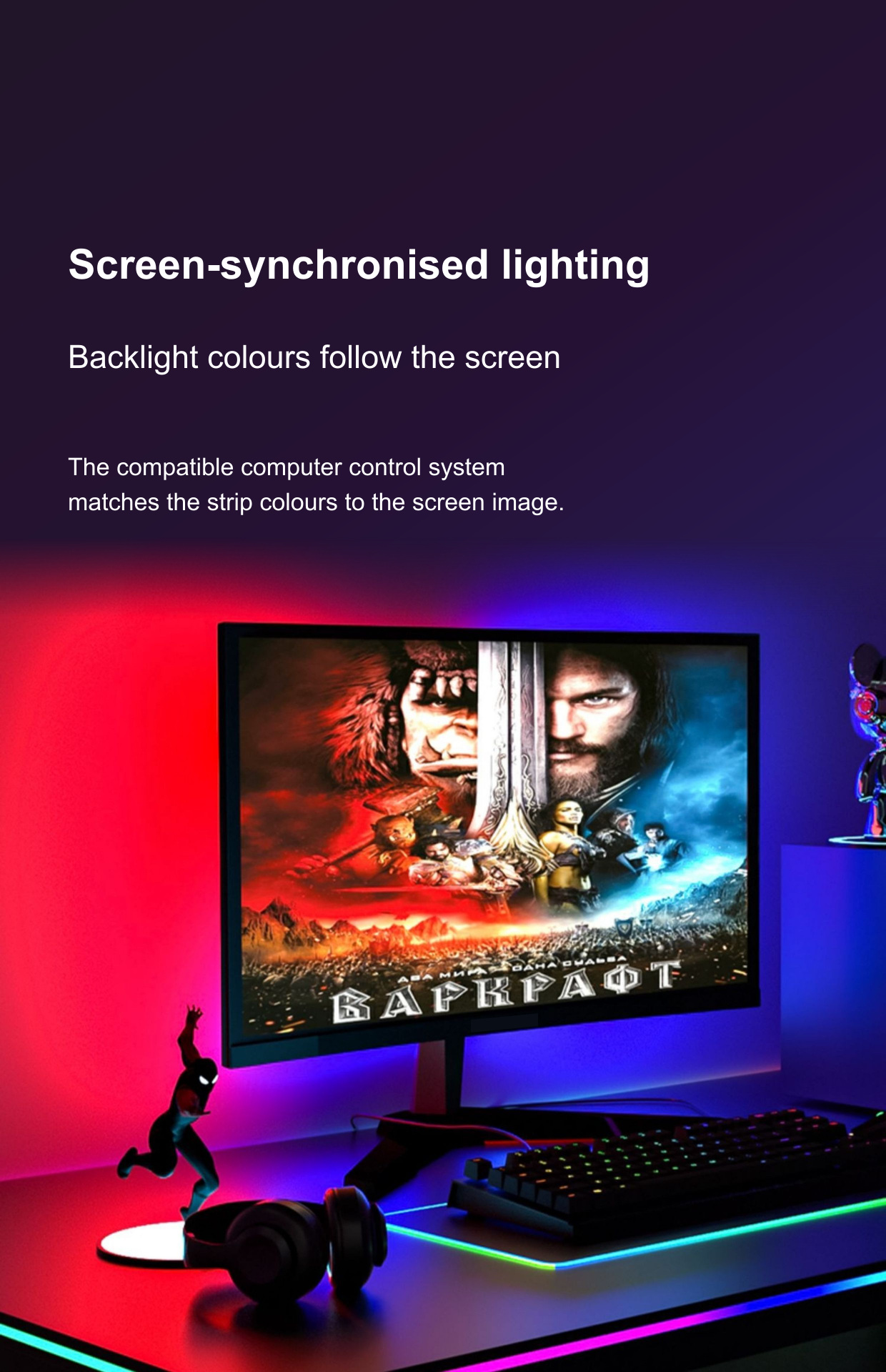 Red and blue monitor backlighting matching screen colours