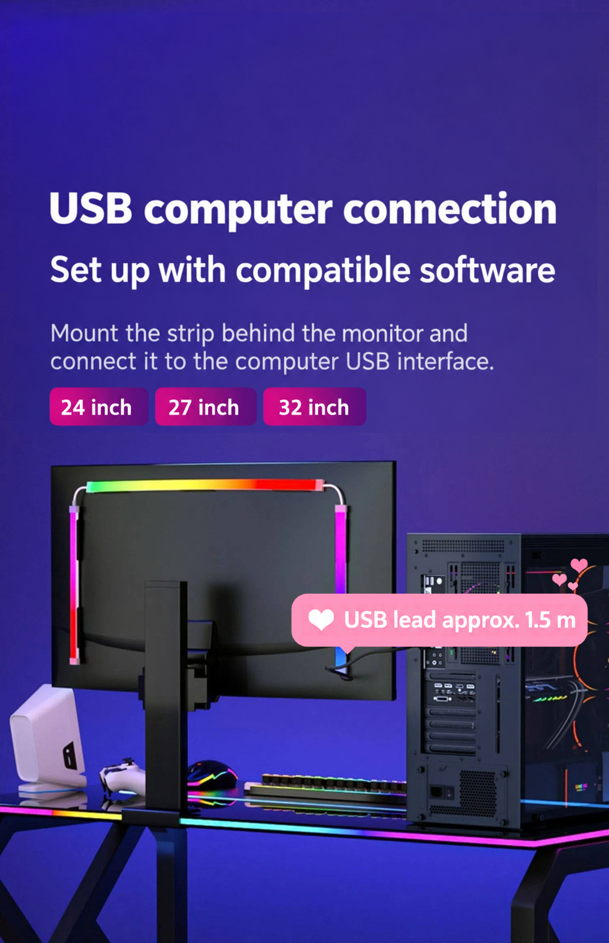 Three-sided monitor lighting connected to a computer by USB